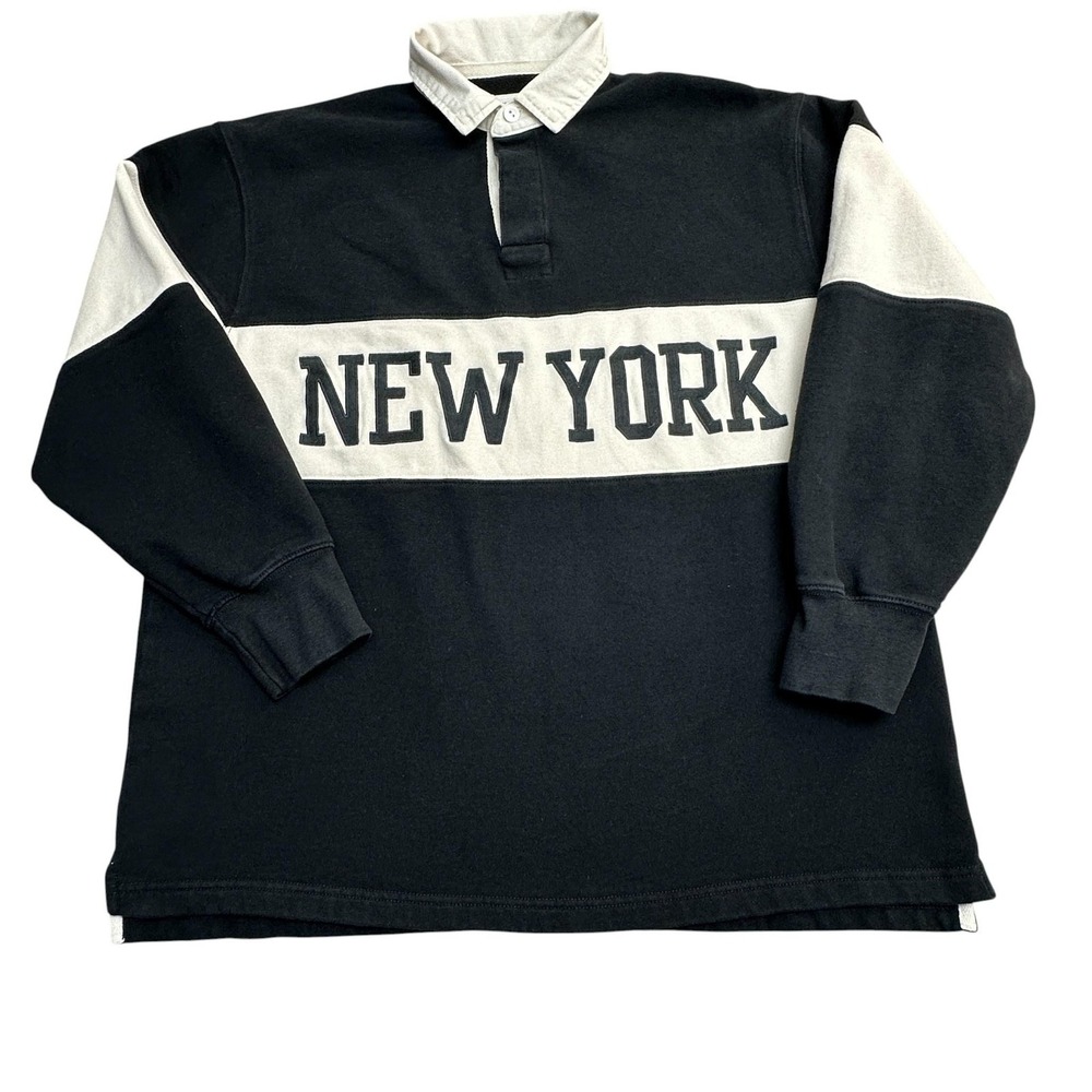 American Eagle Rugby Shirt Mens Small Black New York‎ Fleece Pullover Colorblock